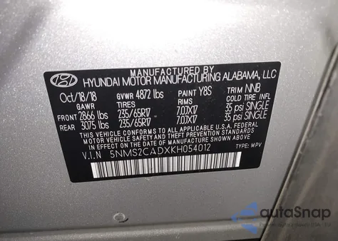 2019 Hyundai Santa Fe Se из США, поврежденный, VIN 5NMS2CADXKH054012